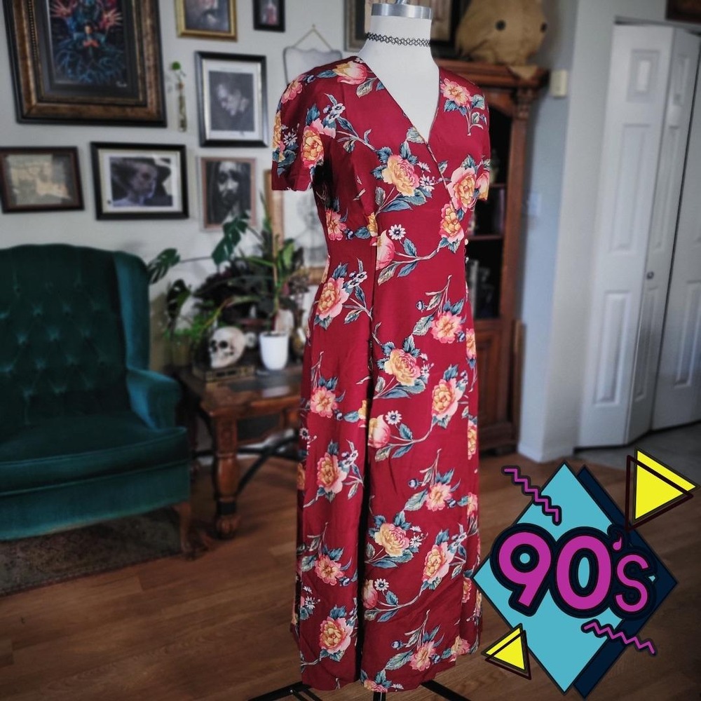 Talbots Floral Wrap Dress Vintage 90s‎ Burgundy Silk Blend Short Sleeve Midi